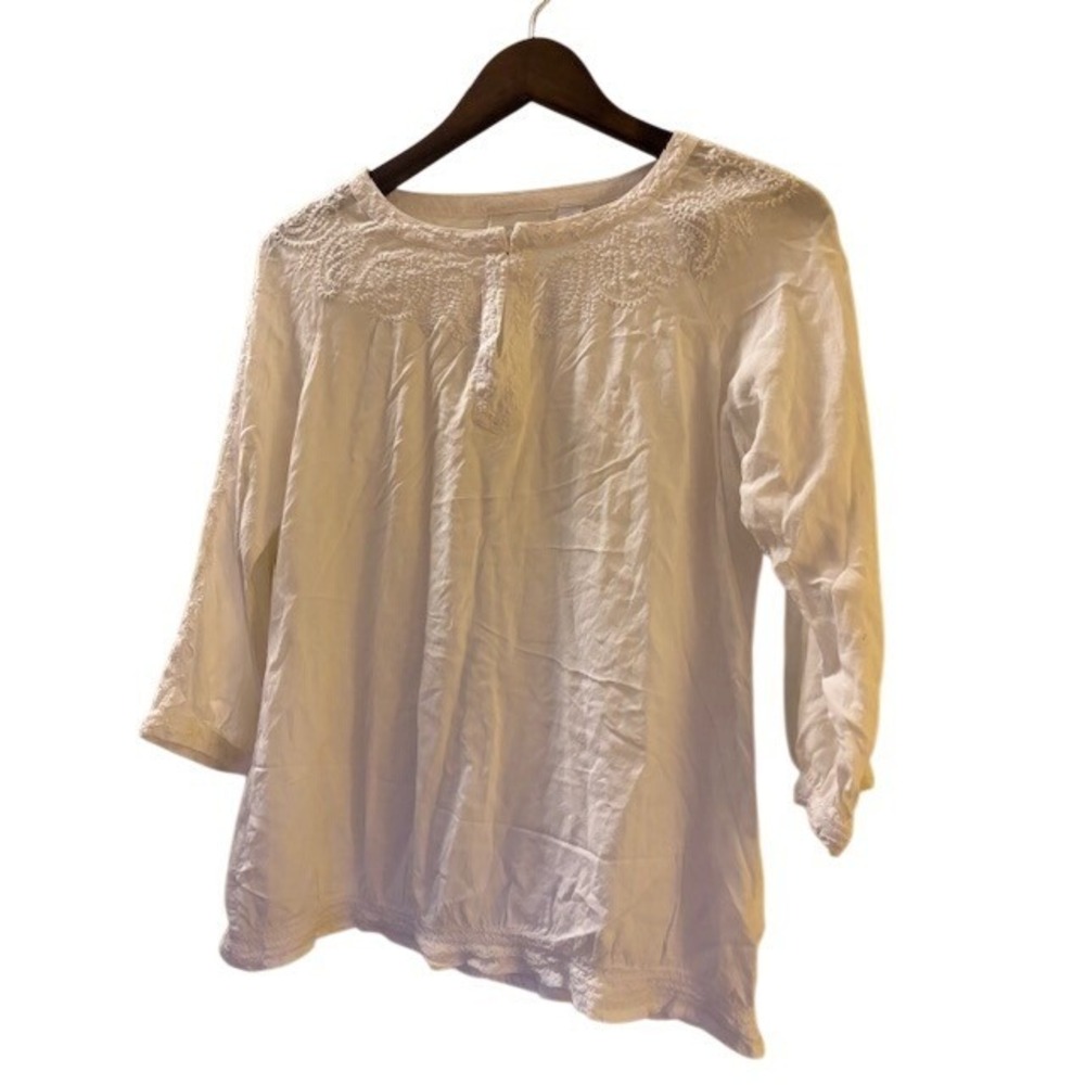 Chico's White Embroidered 3/4 Sleeve Rayon Blouse Women's Size 0 Boho